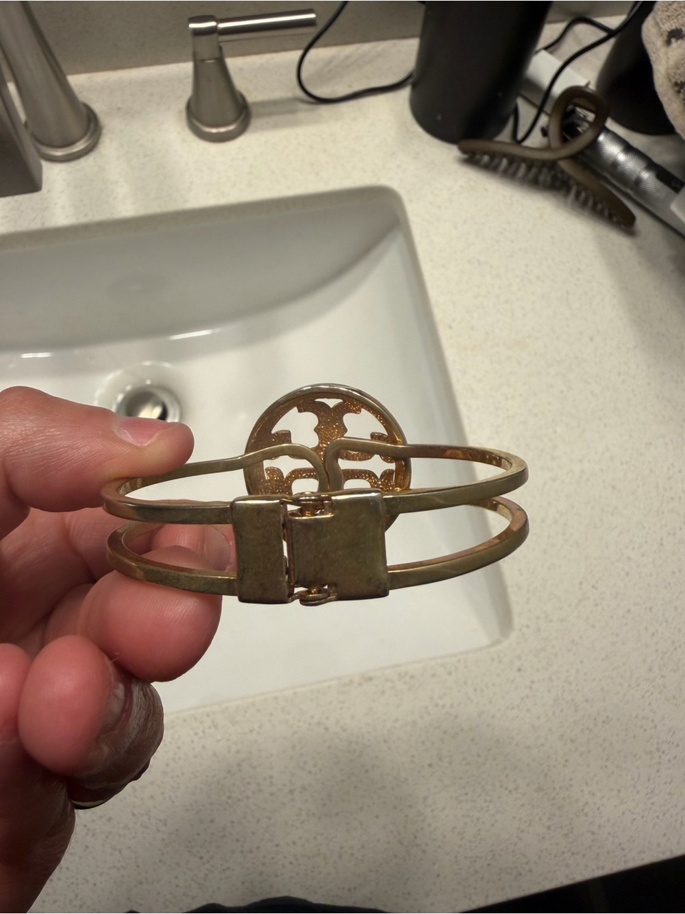 Tory Burch Gold-Tone Logo Disc Cuff Bracelet with Crystal Accent - Picture 2 of 3